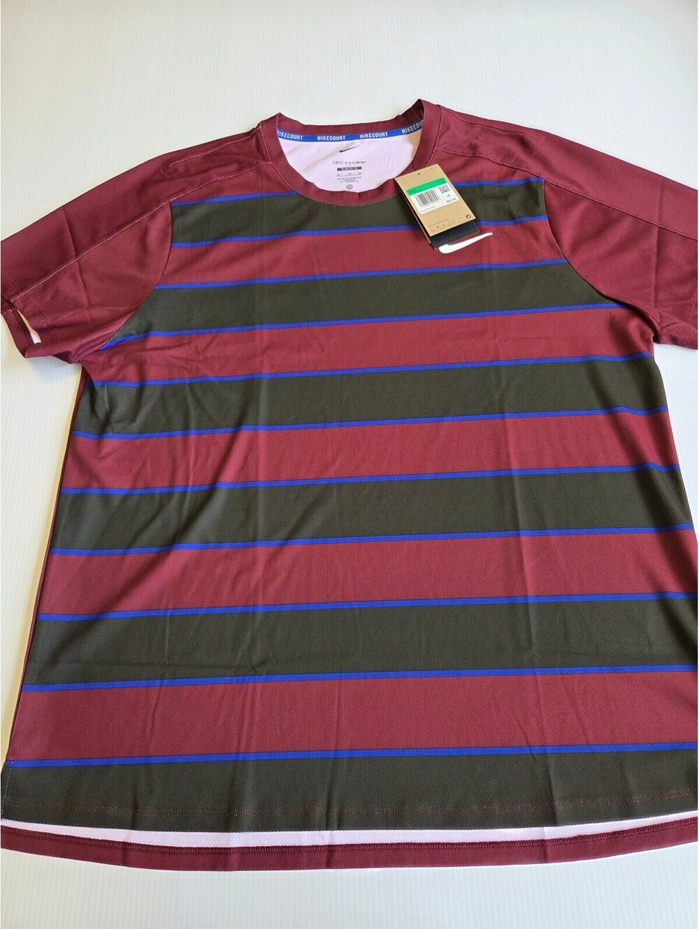 NikeCourt Men's XL Slim Fit Dri-FIT ADV Tennis Shirt Burgundy and Black Striped